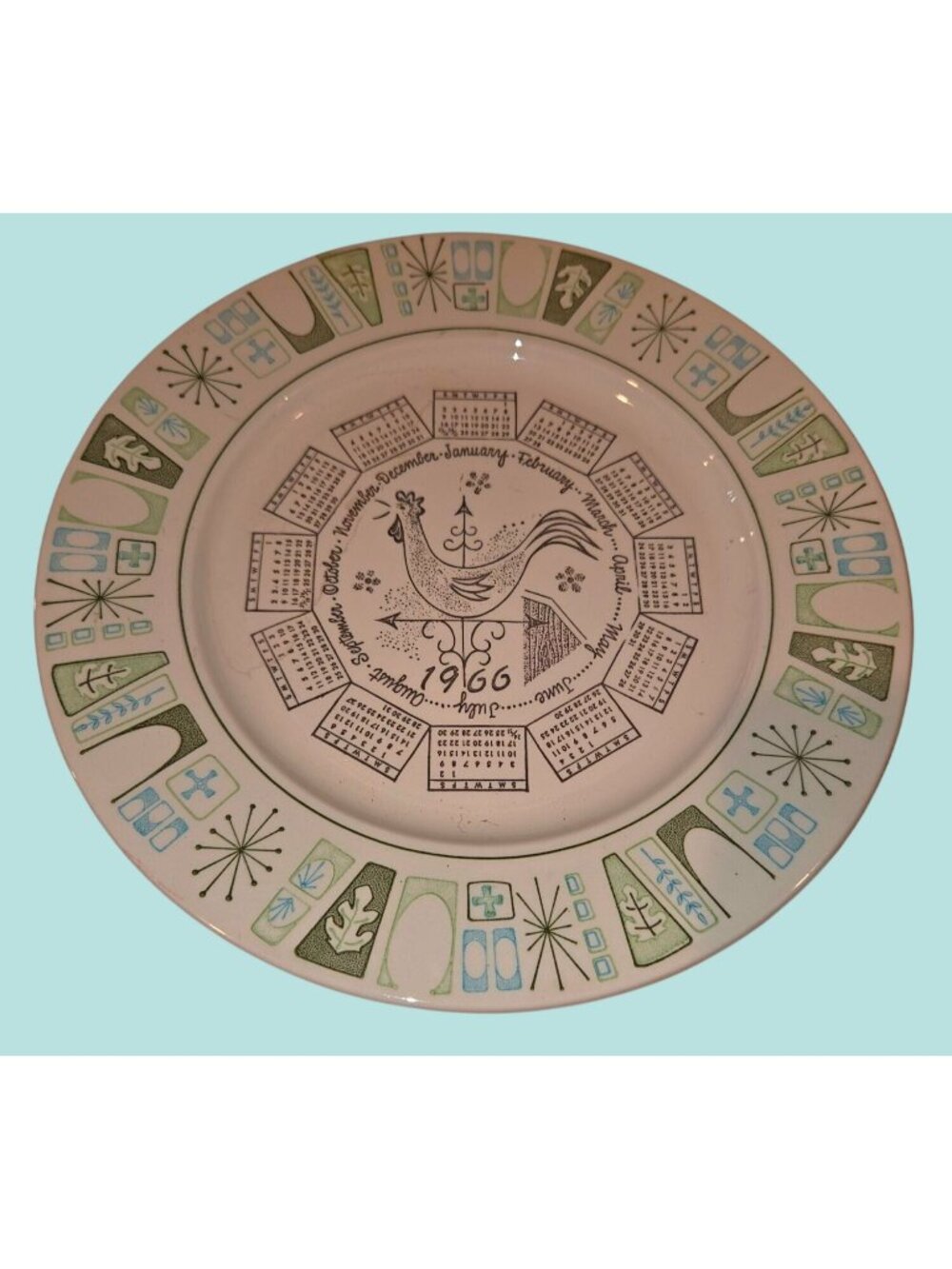 Taylorstone 1966 Calendar Plate With Rooster & Mid-Century Modern Design
